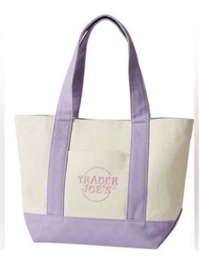 New Large Trader Joe’s Lavender and Cream Canvas Tote Bag